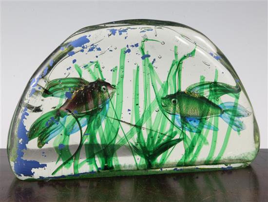 A Murano fish aquarium glass block sculpture, in the manner of Cenedese, W.24.5cm, remnants of old later paint
